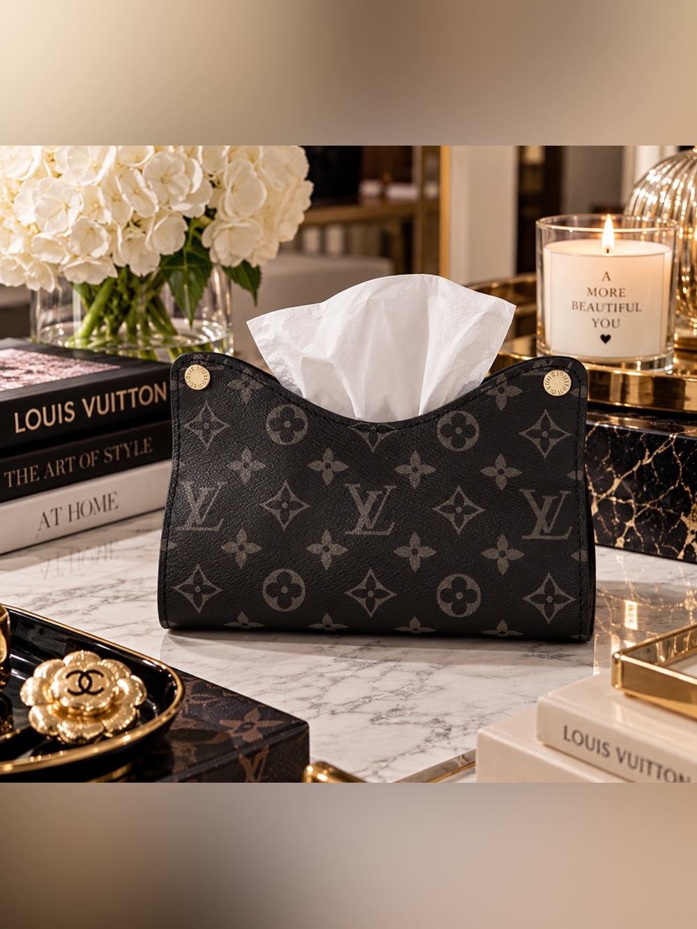 🖤 Monogram Faux Leather Tissue Box / Vanity Organizer